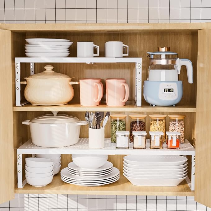 Expandable Adjustable Stackable Kitchen Organizer,Pantry Storage Shelves Racks,for cabinets Shelf, Kitchens, countertops, bathrooms,RV(2Packs/White,Medium)