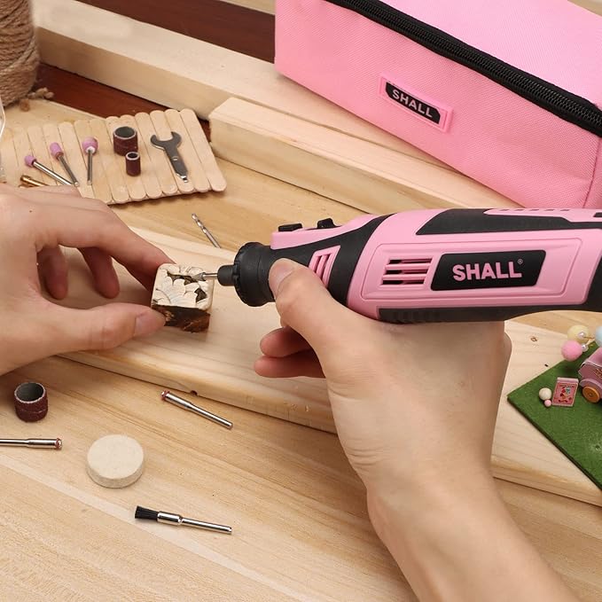 SHALL 8V Cordless Rotary Tool Kit, Pink Lightweight 2.5 Ah Battery Rechargeable Rotary Tool w/ 121 Accessories, 5-Speed Power Rotary Tool for Sanding, Carving, Polishing, Engraving, Pet Grooming