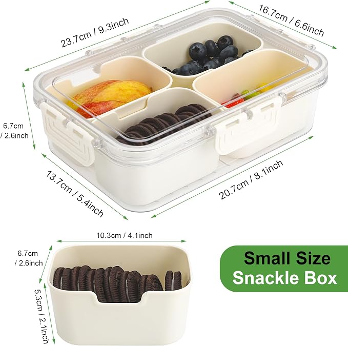 4 Compartment Snackle Box Container with Lid, Mini Divided Serving Tray | Portable Snack Platter Fruit Veggie Trays Snackele Box Containers for Charcuterie, Party, Snack, Nuts, Beach, Travel, Picnic