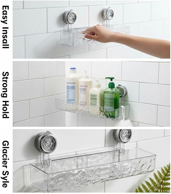 Suction Cup Shower Storage Shelf, No-Drill Wall Mounted Bathroom Organizer with 4 Hooks, 15 in Glacier Transparent Storage Holder, Reusable Storage Rack, Holds 22 lbs for Shower Wall
