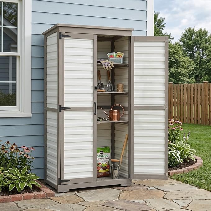 Outdoor Storage Cabinet, Wood & Plastic Garden Shed with Adjustable Shelves | Waterproof Slanted Roof, Rustproof Plastic Panels, Lockable Magnetic Doors, Leveling Feet, White, for Patio, Backyard, Garage