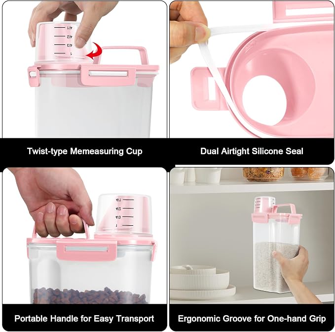 2 Pack 3 Lbs Pet Dog Cat Food Bird Seed Storage Containers for Travel -Pink | Airtight 5 Lbs Rice Dispenser Flour Container Keep Fresh Portable Cereal Oatmeal Holder Large Pour Spout Measuring Cup Handle