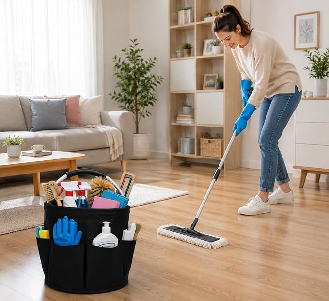 Cleaning Caddy with Handle, 17L Foldable Storage Basket, Heavy Duty 600D Oxford Cloth Organizer, Portable Supply Bag, Multi-Purpose Supplies Caddy for Home, Bathroom, Kitchen, Garden - Black