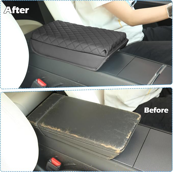Center Console Leather Armrest Cover Designed for Tesla Model 3 2024-2026 Highland Model Y 2025 2026 Juniper Center Console Accessories for Tesla Model 3/Y Interior Accessories Black