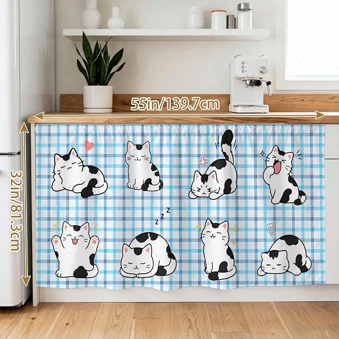 Cute Cat Cabinet Curtain 32"Wx55"L, Dustproof Pantry Door Curtain with Self Adhesive Tape, Modern Playful Pet Cats Blue Purple Plaid Tall Storage Cover Privacy Drape for Bathroom Kitchen Laundry Room