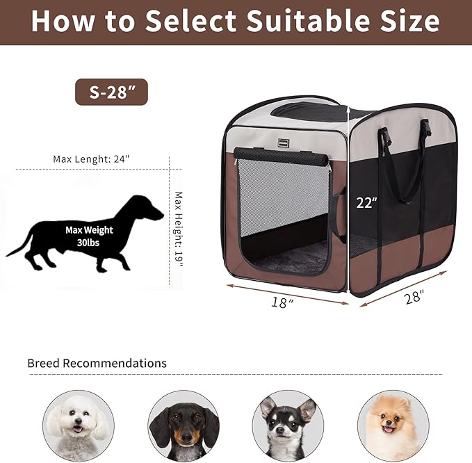 Dog Kennels and Crates for Medium Dogs, Portable Pop Up Indoor Pet Cage with Sturdy Wire Frame, Collapsible Travel Crate Soft Sided Cat Bag Escape Proof (Brown, 28.0" L x 18.0" W x 22.0" H)
