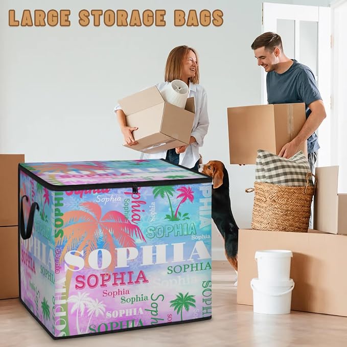 Personalized Extra Large Storage Bins with Lid, Customized Name Painted Blue Pink Green Tropical Palm Trees Storage Basket Rectangle Clothes Organizer for Organizing Kids and Pets Toys Shelf Closet