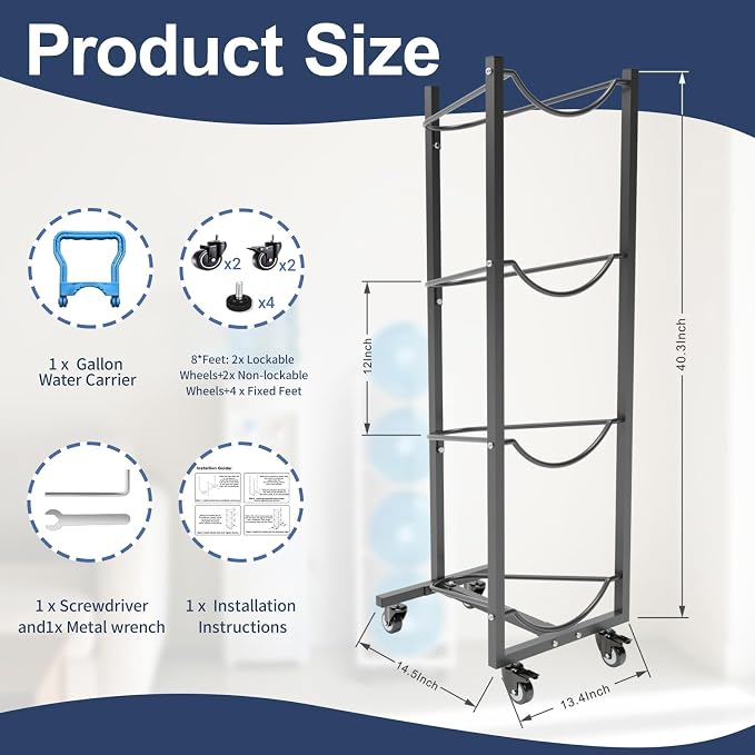 5 Gallon Water Jug Holder with 4 Wheels: 5 Gal Bottle Storage Rack | Movable|Easy to assemble|Heavy Duty Steels|70% Space Saving|Anti-Tip|Stackable|4 Tier|360°Locking Wheels|Home|Kitchen|Garage