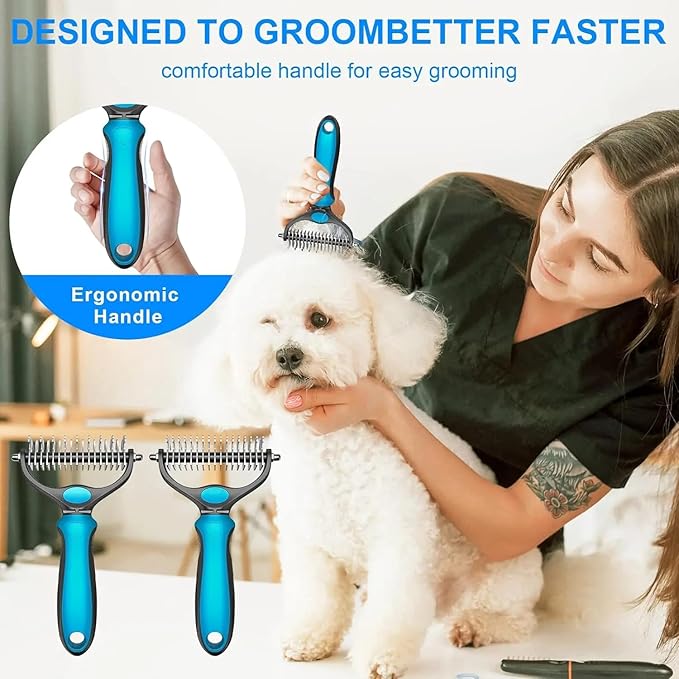 Pet Grooming Brush, Double Sided Shedding and Dematting Undercoat Rake Comb for Dogs and Cats