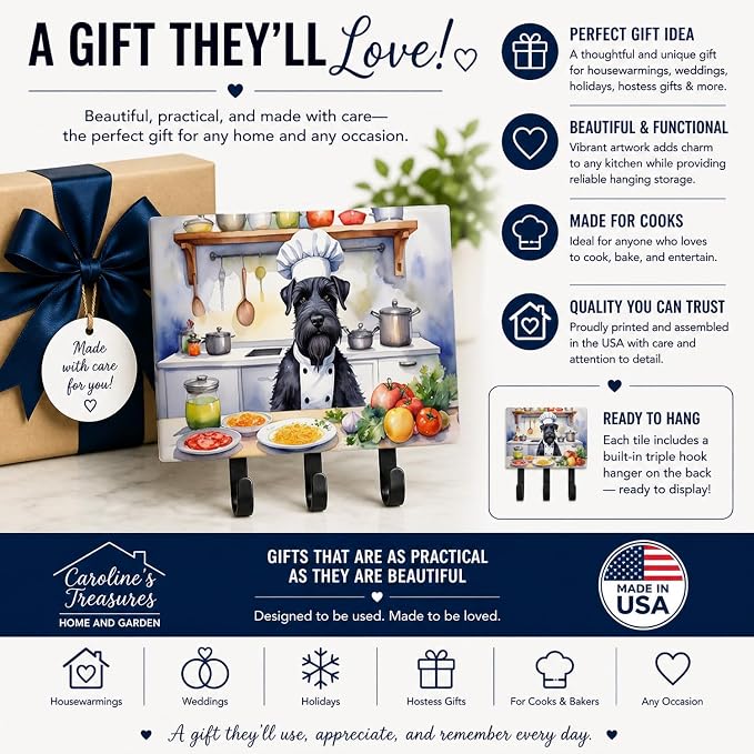 Caroline's Treasures Giant Schnauzer The Chef Leash or Key Holder Wall Hooks, Key Hooks Holder, Coat Rack Wall Mount, Coat Hooks, Hooks for Hanging Keys, Towels, Aprons, Leashes | Giant Schnauzer The Chef artwork on ceramic tile with three steel hooks ...