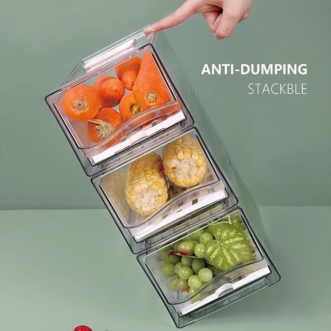 Fridge Organizers and Storage, BPA-Free Large Capacity Stackable Clear Fridge Organizer, With Strainer Layer Keep Fruits, Vegetables and Meat Fresh in refrigerator, freezer, Food Storage ( 2 Drawers)