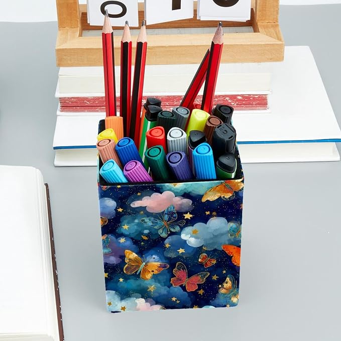 Butterfly Pen Holder for Desk Decor, Rectangular PVC Leather Pencil Cup for Desk Pen Organizer, Makeup Brush Holder for School, Home, Office