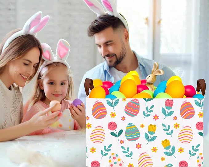 Large Rectangular Easter Baskets Empty Waterproof Boy Toy Box Foldable Kid's Gifts Storage Bin Spring Room Decor(Rose Egg)