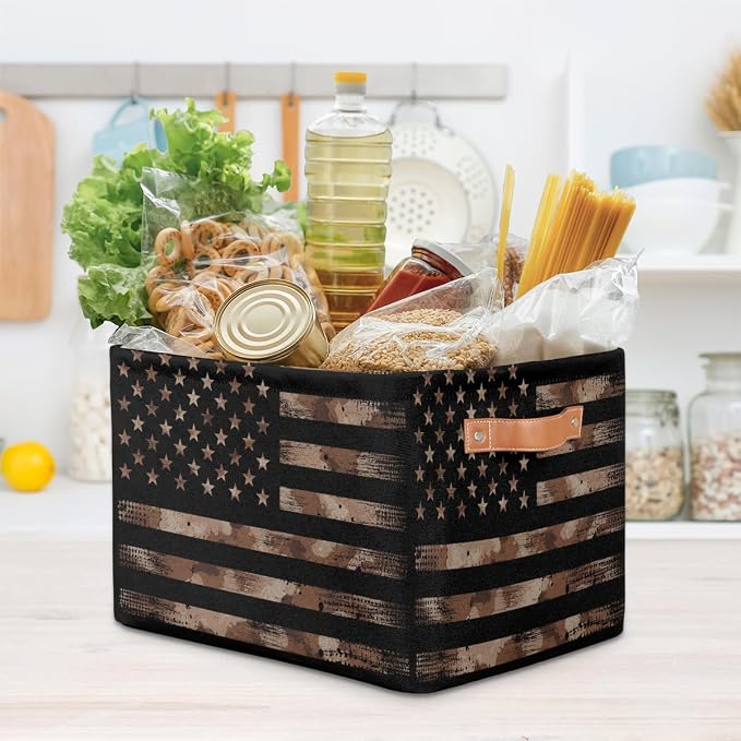 Pardick Flag Basket Storage Bins Rectangle Canvas Basket Cube Storage Box | Nursery Foldable Basket with Handle for Kids Girls Boys Toys Living Room Closet Organizer Shelf Gifts Camo Brown