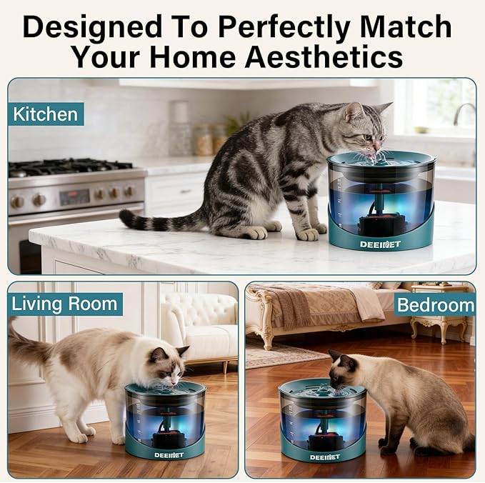 DEEIPET Cat Water Fountain, 74oz/2.2L Ultra Quiet Automatic Water Dispenser for Cats Dogs with Colorful LED Indicator, Water Bowl for Pets with Filter