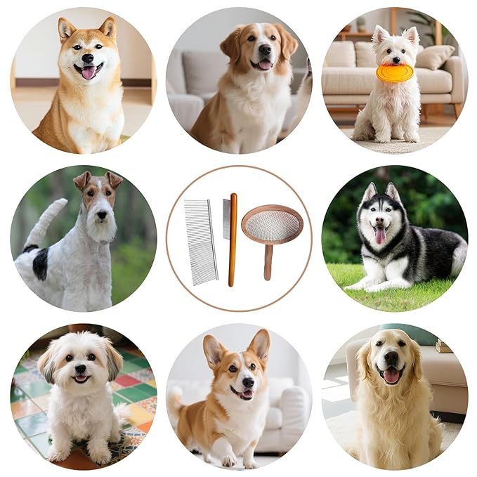 3 Pcs Slicker Brush for Doodle Dogs - Wooden Handle Grooming Comb Set for Goldendoodle, Labradoodle, Poodle - Detangling Tool for Wavy & Curly Hair, Mats & Tangles Removal (Small/Big Dogs & Cats)