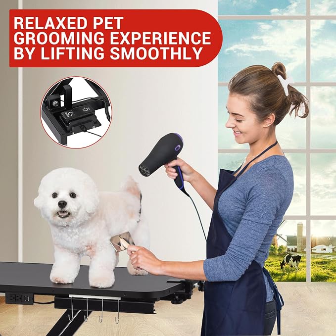 47 Inch Dog Grooming Table, Electric Hydraulic Pet Grooming Table, Dog Grooming Station with Aluminium Overhead Arm, Anti Slip Tabletop, Tool Organizer, Height Adjustable, 264 LBS Capacity, Black