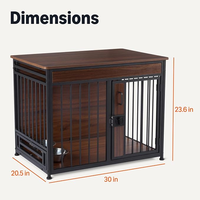 Amazon Basics Furniture Style Dog Crate, Sturdy Wooden Pet Kennel, End Table with Space for Pet, Two Bowls Included, 30" x 20.4" x 23.6", Walnut