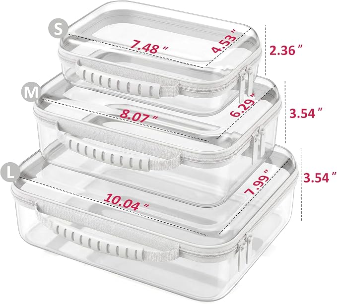 Clear Hard Shell Organizer Cases, 3 Pack with Handle | Durable PET shell with water-resistant, scratch-resistant surface for travel, toiletries, electronics and toys
