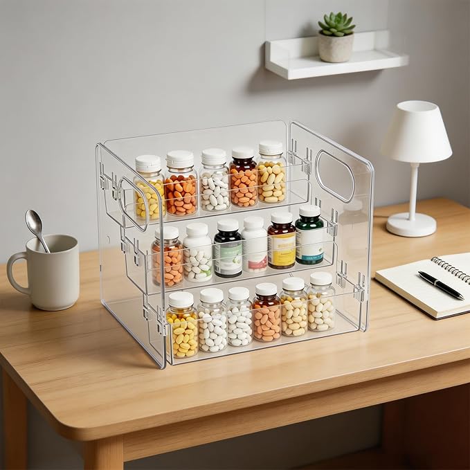3-Tier Vitamin Storage Organizer with 7-Day Pill Box, Holder for Vitamin Bottles & Medicine Bottle,Supplement Rack for Cabinet Countertop Bathroom Kitchen Pantry, Includes Weekly Pill Organizer