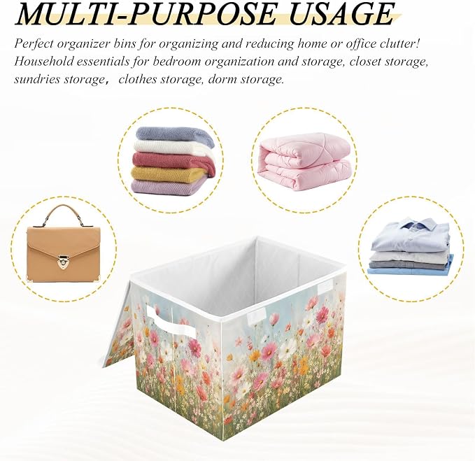 Fabric Storage Bins with Lid Flower Garden Closet Storage Basket 40L | Decorative Storage Boxes, Foldable & Stackable, Dust-Proof Flip Top, Reinforced Handles, For Home & Dorm, Clothes & Toy Box
