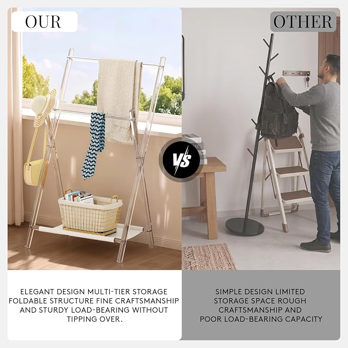 Acrylic Clothes Rack, Foldable Kids Clothing Rack,with Shelves Portable Coat Rack, Suitable for Entrance Hall, Bedroom, Living room, and Bathroom for Hanging Clothes of Babies and Pets.