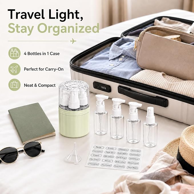 4-in-1 Travel Dispenser with 4 x 50 mL Bottles, Green | 4 refillable 50 mL bottles, pump and spray tops, included label stickers, compact design for toiletries, travel, gym