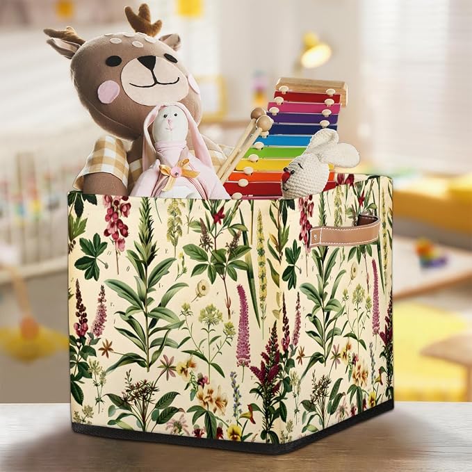 Wildflower Botanical Storage Bin, 13 Inch Collapsible Fabric Storage Bin, Floral Vintage Foldable Cube Basket for Shelf, Closet, Organizer