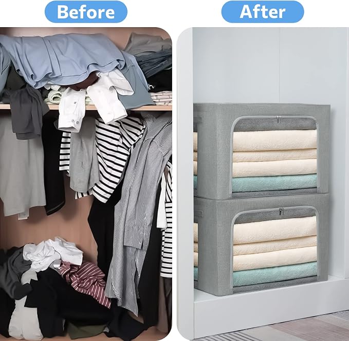 CYhom 3Pack Foldable Storage Bins - Frame Storage Box Linen Fabric Stackable Clothes Container Organizer with Clear Window & Carry Handles Large Capacity (Extra Large-100L, Light Grey)
