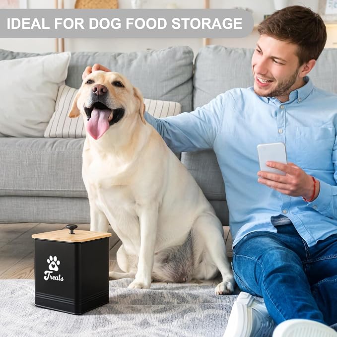 Dog Treat Container Airtight, 5.7" W x 6.7" H Iron Pet Treat Jar with Bamboo Lid, 12 Cup Food Storage Canister for Kitchen Counter, Decorative Pet Cookie Jar for Dog Snacks Kibble,Black