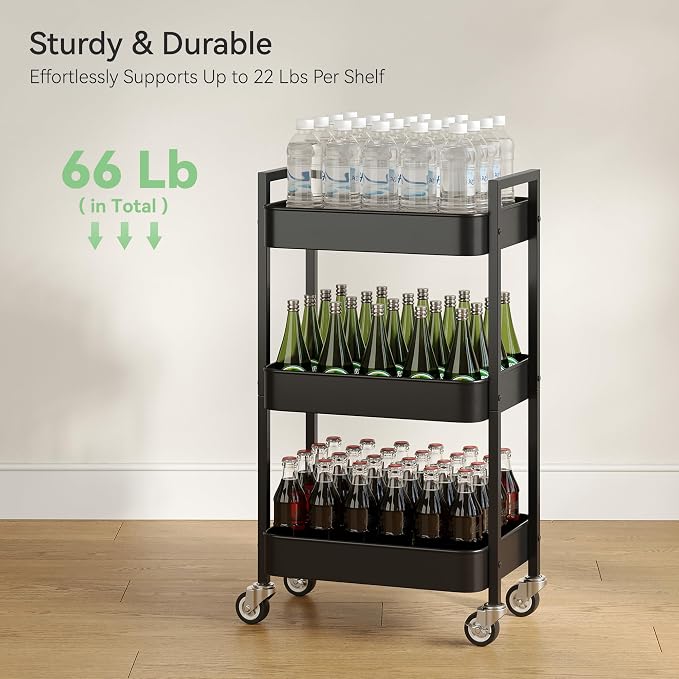Nunsino 3 Tier Rolling Cart,Utility Cart with Locking Wheels, Hanging Cups & Hooks, Heavy Duty Metal Storage Organizer Cart for Kitchen,Office, Bathroom,Craft Room,Black