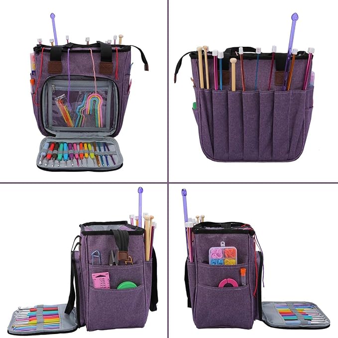Coopay Crochet Bag w/Shoulder Strap, Yarn Storage Knitting Tote Bag-Purple | Portable Traveling Crochet for Crocheter, Large Capacity Storage Crochet Supplies Yarn Organizers Unfinished Project