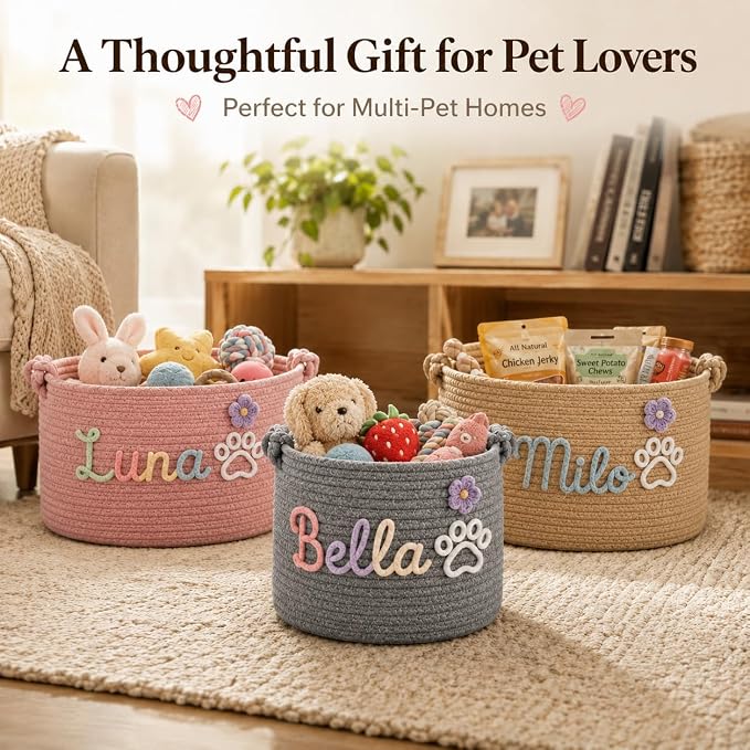 Personalized Dog Cat Toy Basket with Name, Custom Pet Storage Bin | for Puppies, Kittens, Dog Moms and Pet Owners; Organize Toys, Treats, Leashes and Blankets in Living Rooms or Pet Corners