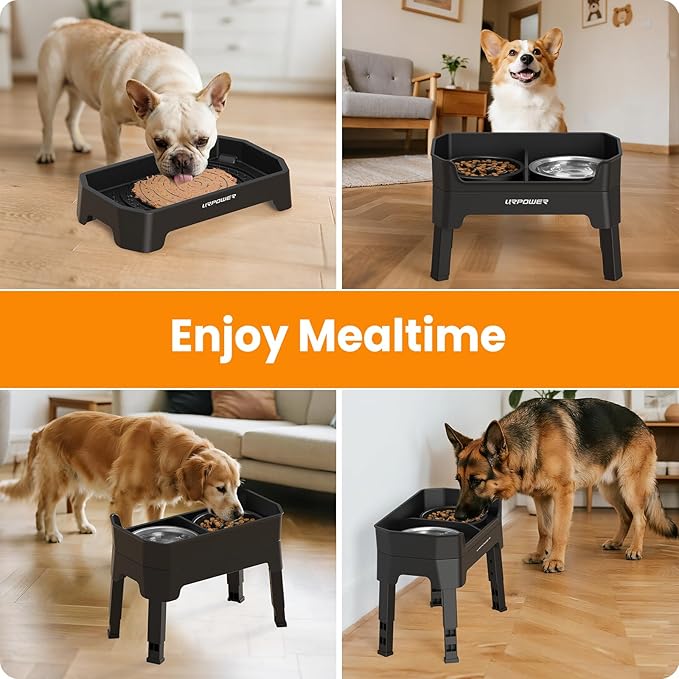 URPOWER 3-in-1 Elevated Dog Bowls - Mess Proof Double Deck 4 Height Adjustable Raised Stand with Stainless Steel Bowl & Slow Feeder Bowl for Small, Medium & Large Dogs