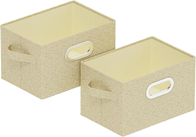 Storage Bins with Metal Grips,Grey and Beige,10.2x7.9x6.7in,2 Pack | Fabric Storage Baskets with Soft Cloth Handles,Thick PP Panel Wardrobe Containers,Wipeable Open Boxes for Closet Shelves