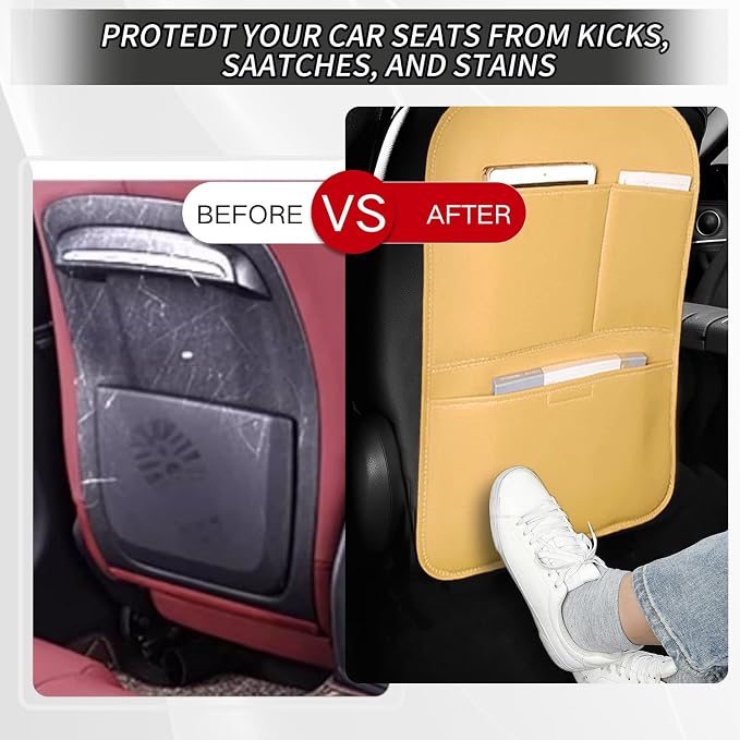Kick Mat Back Seat Protector, Waterproof Leather Car Seat Back Organizers Cover with 3 Storage Pockets for Kids Pets SUV Sedan Minivan Truck Car Travel Accessories (Cayenne Yellow 2-pack)