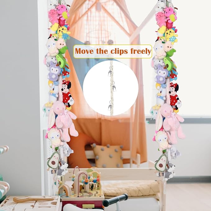80" 2 Pack Cotton Hanging Storage Chain for Stuffed Animals Storage with 40 Metal Clips Stuffed Animal Organizer Chain for Wall Corner Nursery Play Room