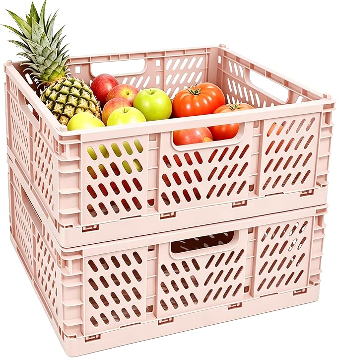 Tobeso-Nuoze 2 Pack Pastel Plastic Storage Baskets-20L Space-Saving Bins | Plastic Collapsible Storage Crates Foldable Plastic Crates for Storage Collapsible Crates for Organizing (Pink)