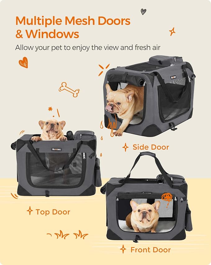 Feandrea Collapsible Soft Dog Crate, Portable Travel, 24 Inches | Dog Carrier Kennel with Safety Zippers for Living Room, Car, Travelling, Gray UPDC60GY