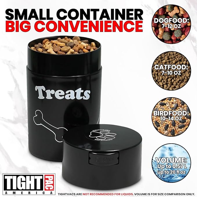 Tightpac Pawvac 1 to 6 Ounces Container, Airtight Pet Food and Treats Storage Jar - Patented Vacuum Seal Container for Pet Food, Treats and other Dry Goods - Black with Treats