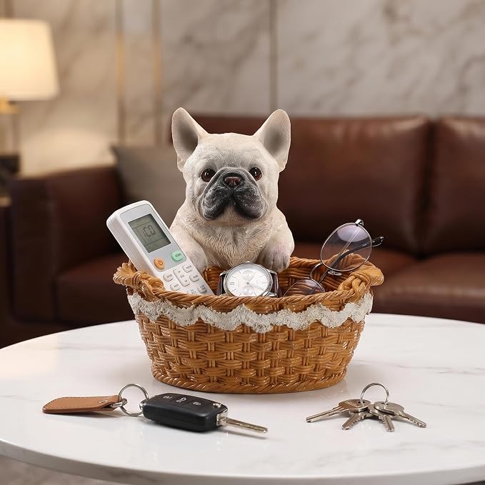 Cute French Bulldog Candy Bowl, Resin Dog Figurine Key Bowl for Entryway Table, Desktop Storage Basket Organizer for Desk, Unique Dog Lover Gift