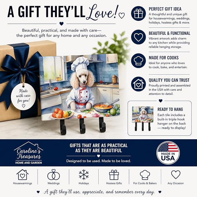 Caroline's Treasures White Poodle The Chef Leash or Key Holder Wall Hooks, Key Hooks Holder, Coat Rack Wall Mount, Coat Hooks, Hooks for Hanging Keys, Towels, Aprons, Leashes | White Poodle The Chef artwork on ceramic tile with three steel hooks for ke...