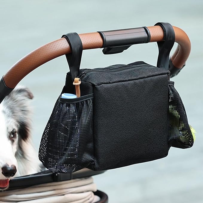 Haofy Dog Stroller Caddy Organizer Large Capacity Hanging Bag for Pet Stroller Accessories Multifunctional Storage Pockets Water Bottle Holder Pet Travel Hiking Camping Carrier (Black)