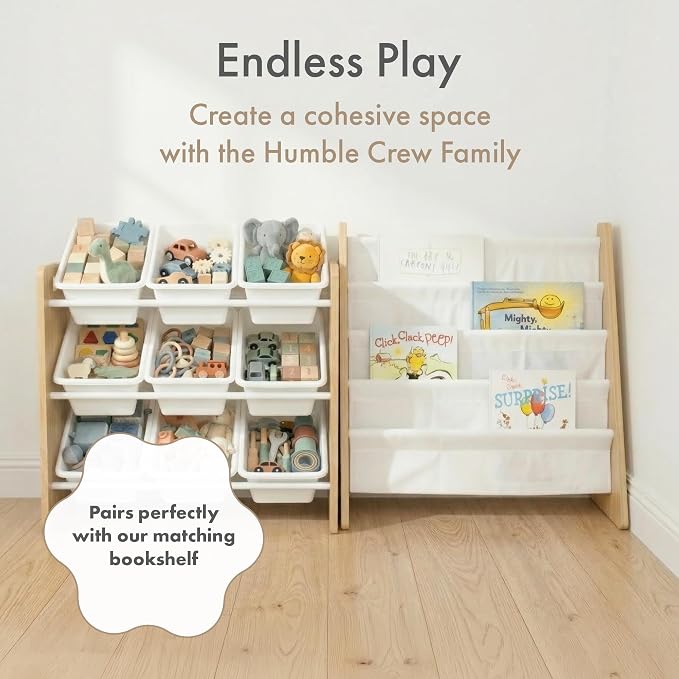 Humble Crew Kids Toy Organizer with 9 Bins, 3 Tier Storage for Playroom | Sturdy wood and steel toddler shelf, removable BPA-free containers, wall anchor anti-tip safety kit for bedroom or classroom