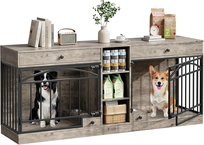 Dog Crate Furniture for 2 Dogs, Double Dog Crate TV Stand, Gray | 78.7'' Large Dog Kennel Indoor, 2 Storage Drawers, 3 Shelves and Feeding Bowls, Pet Kennel for Small and Medium Dogs