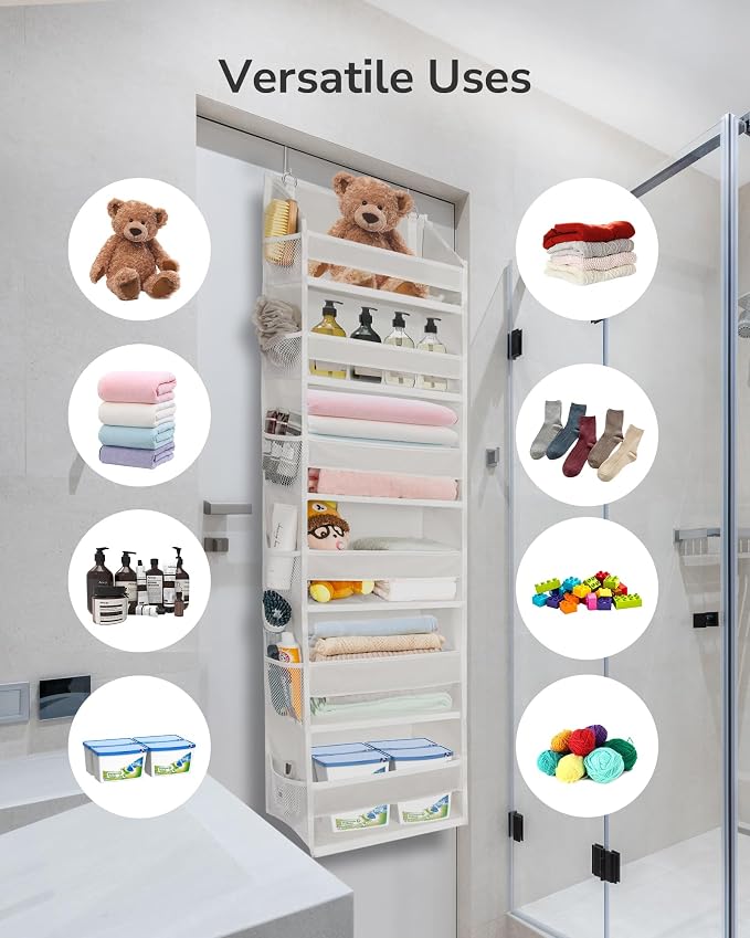 ULG Over The Door Organizer with 6 Large Pockets 12 Side Pockets, 50lbs Weight Capacity Door Hanging Organizer for Bedroom, Bathroom, Pantry, Nursery Storage, Beige (Pack of 3)