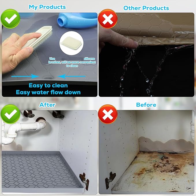 Under Sink Mat, 19"x22" Under Sink Mats for Kitchen, Silicone Waterproof Under Sink Liner, Sink Cabinet Organizer Tray with Drain Hole (Gray, 19X22)