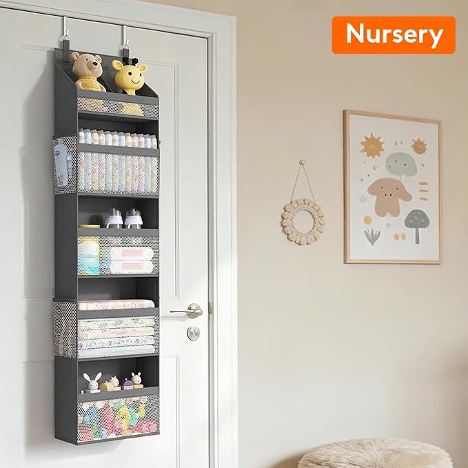 Lifewit 5 Tier Over the Door Organizer, Diaper Hanging Storage, Gray | Nursery Sturdy Large Heavy Duty Back of Door Shelf with 4 Mesh Side Pockets, for Baby Stuff Toy in Pantry, Laundry, Bathroom