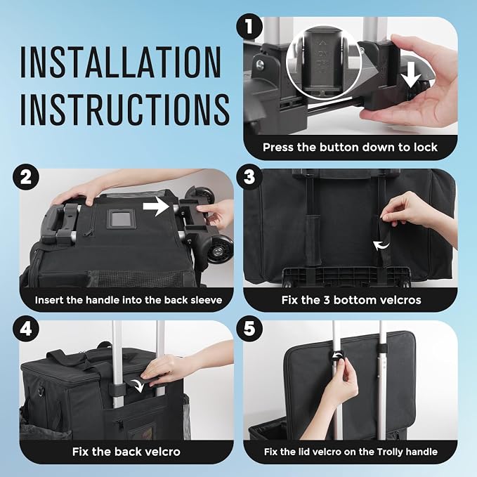 SCAVATA Rolling Cleaning Caddy Bag with Detachable Trolley, Large Cleaning Supplies Organizer with Wheels, Multi Pocket Cleaning Cart with Adjustable Shoulder Strap for Housekeepers & Home, SkyBlue
