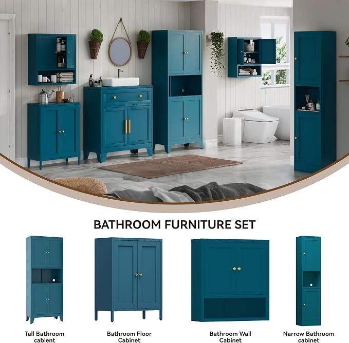 YAUWOH 69" Tall Metal Pantry Cabinet with Microwave Shelf, 4 Doors & 3 Adjustable Shelves, 120LBS Per Shelf Heavy Duty Storage Cabinet with Anti-Tip Design for Kitchen,Dining Room (1PC,Blue)